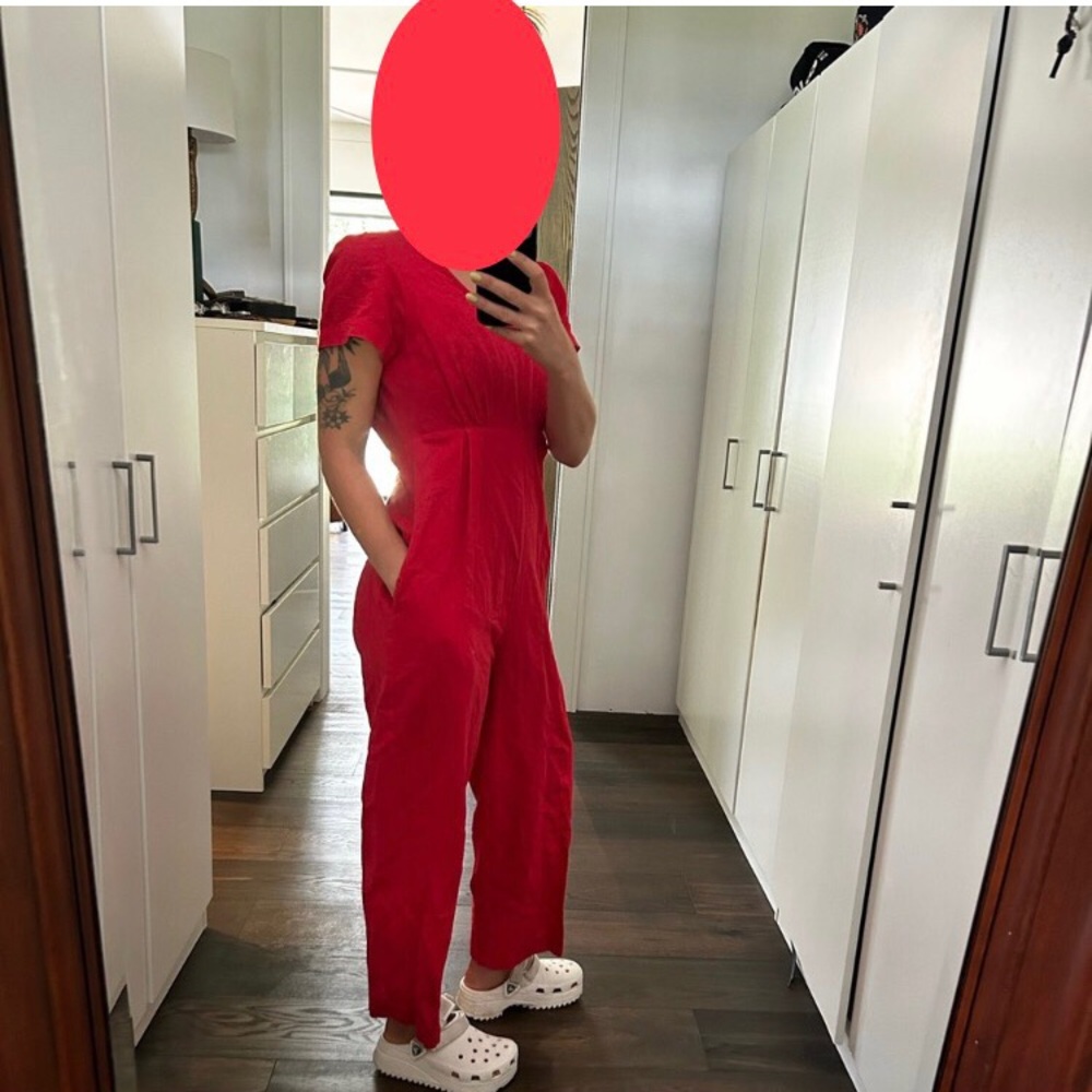 (Sm) Oak & Fort Poppy Red Linen/ Cotton Jumpsuit Romper